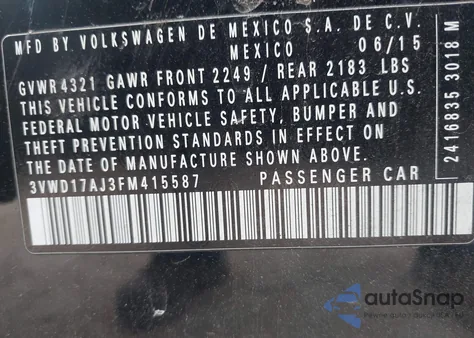 2015 Volkswagen Jetta 1.8T Se из США, поврежденный, VIN 3VWD17AJ3FM415587